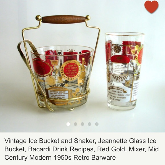Vintage MCM Jeannette Glass Ice Bucket w/ Brass & Wood Carrier - Picture 3 of 5